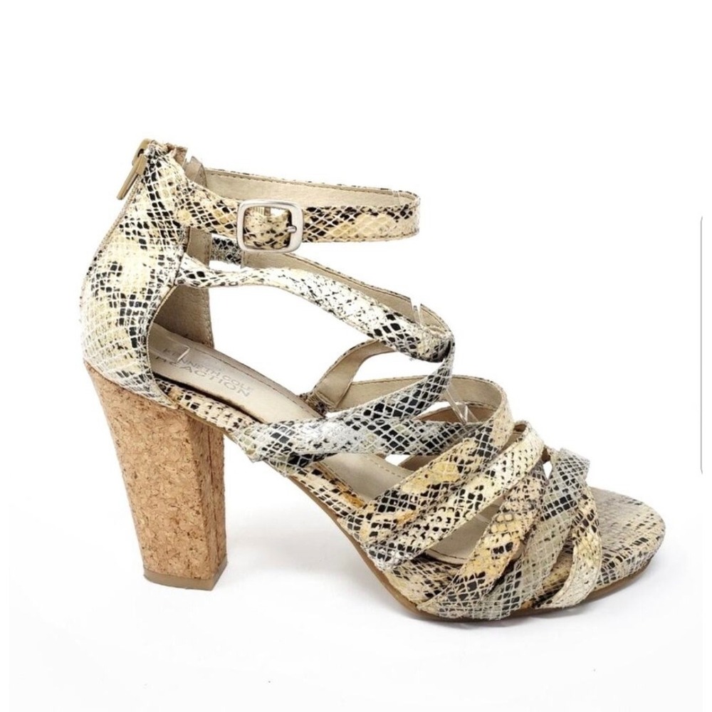 Kenneth Cole Reaction Snakeskin Sandals 9 Strappy Cork Block Heel Strong Daze